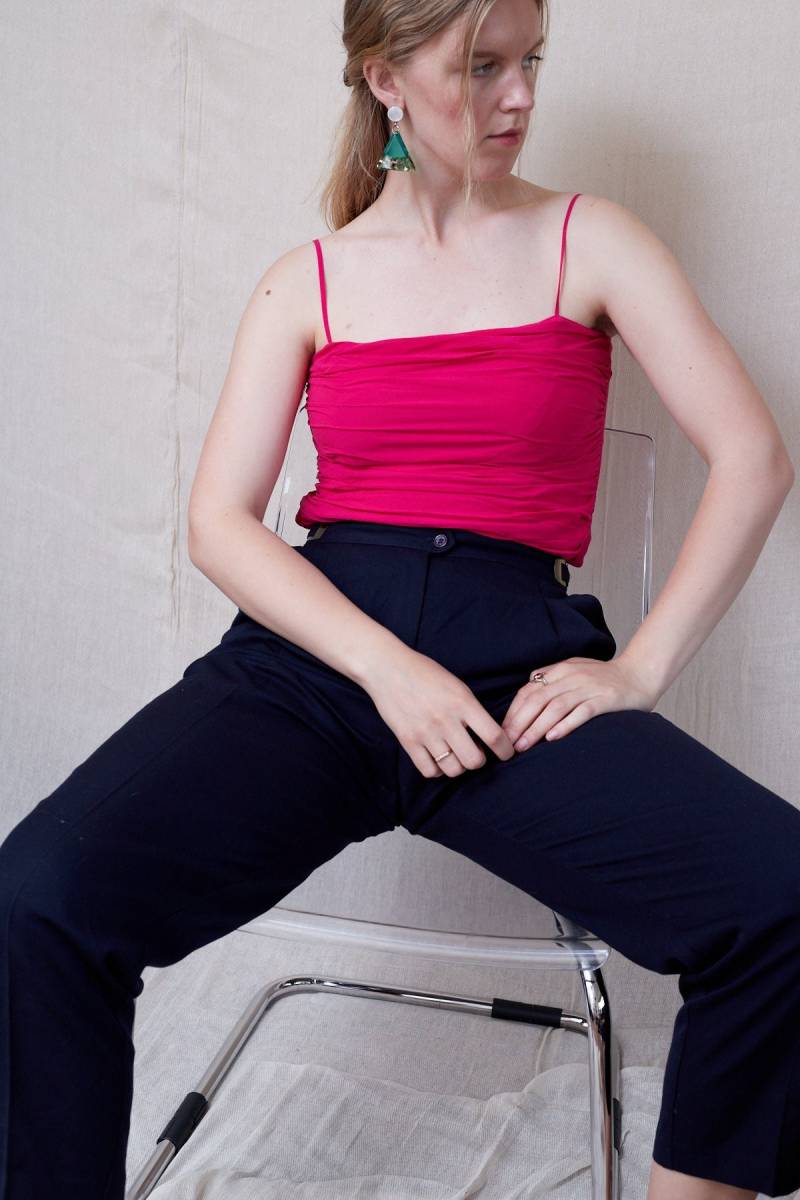 Vintage Fuchsia Seide Top Medium, Y2K Gerafftes Spaghetti Träger Uk 12-14 Us 8-10 Eu 40-42 von SidelineParadise