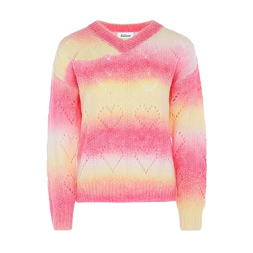 Sidona Damen Durchbrochener Pullover in Kontrastfarbe mit V-Ausschnitt Nylon Rosa Gelb Mehrfarbig Größe M/L von SIDONA
