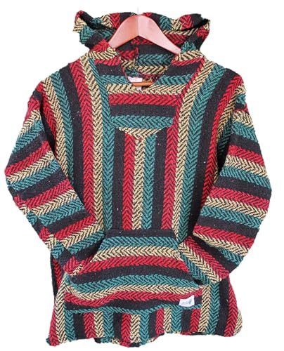 Sie7e Fibras Mexikanischer Hippie-Design-Kapuzenpullover. Handgefertigter Poncho aus 100% recycelten Materialien. Handgemachter Hoodie für Männer und Frauen. Rasta-Modell. Größe M. von Sie7eFibras COBIJANDO AL PLANETA