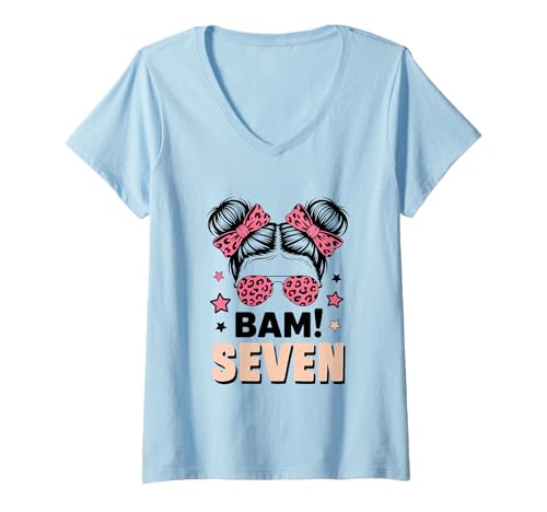 Damen 7. Geburtstag Mädchen Messy Bun Bäm! Sieben Jahre Alt T-Shirt mit V-Ausschnitt von Siebter Geburtstag & 7. Geburtstag Design