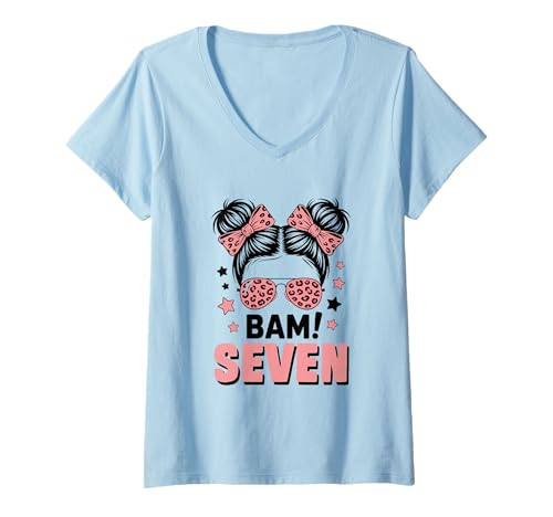 Damen 7. Geburtstag Mädchen Messy Bun Bäm! Sieben Jahre Alt T-Shirt mit V-Ausschnitt von Siebter Geburtstag & 7. Geburtstag Design