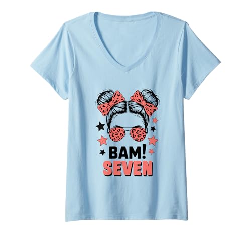 Damen 7. Geburtstag Mädchen Messy Bun Bäm! Sieben Jahre Alt T-Shirt mit V-Ausschnitt von Siebter Geburtstag & 7. Geburtstag Design
