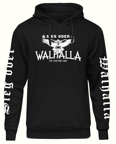 Sieg oder Walhalla Herren Kapuzenpullover | Wikinger Kostüm Herren Valhalla Hoodie Odin Pullover Herren Berserker Ragnar Germanen Vikings | M6 Ärmeldruck Schwarz (3XL) von Sieg oder Walhalla