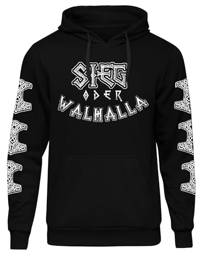 Sieg oder Walhalla Herren Kapuzenpullover | Wikinger Pullover Vikings Shirt Valknut Germanen Odin Hoodie | M5 Ärmeldruck Schwarz (L) von Sieg oder Walhalla