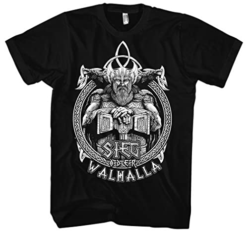 Sieg oder Walhalla Herren T-Shirt | Wikinger Germanen Design – Runen Odin Berserker Valhalla Motiv – 100 % Baumwolle Schwarz | M1 Odin (3XL) von Sieg oder Walhalla