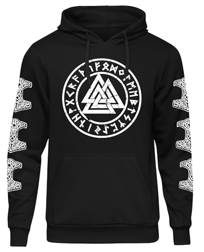 Valknut Herren Kapuzenpullover | Wikinger Pullover Berserker Kompass Vikings Shirt Germanen Odin Hoodie | M5 Ärmeldruck Schwarz (L) von Sieg oder Walhalla