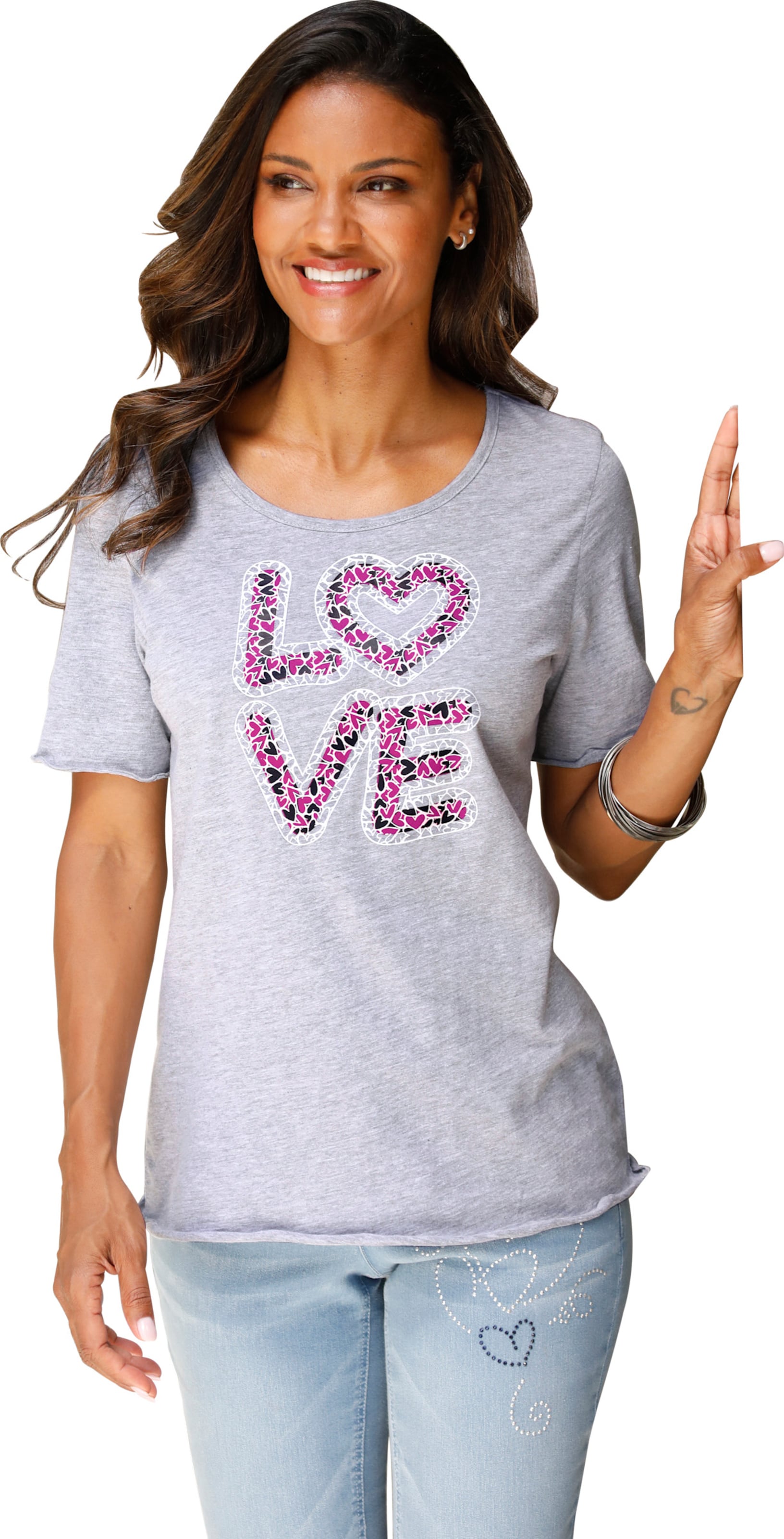 Sieh an! Damen Kurzarmshirt mit LOVE-Print, hellgrau-meliert-magenta von Sieh an!