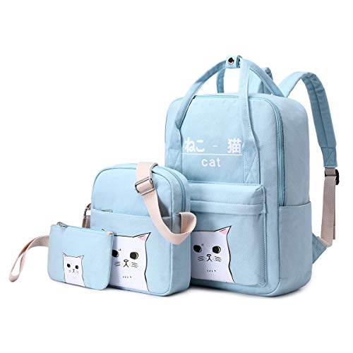 3 Teile Set Japanischem und Koreanischem Stil Kawaii-Katze Leinwand Schulrucksack Set +Schultertasche +Geldbeutel Schulranzen Freizeitrucksack für Teenager Mädchen Jungen (Blau) von Siehin