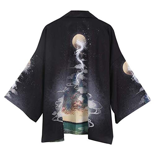 Damen Frühling-Sommer Drache-Druck Kimono Cardigan Japan Happi Kimono Jacke Yukata Coat Ukiyoe Baggy Tops (S (Tag M), Schwarz 2) von Siehin