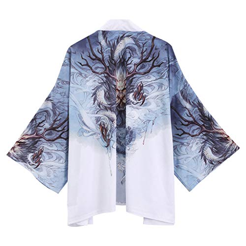 Damen Frühling-Sommer Drache-Druck Kimono Cardigan Japan Happi Kimono Jacke Yukata Coat Ukiyoe Baggy Tops (S (Tag M), Weiß 1) von Siehin