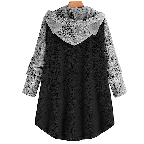 Damen süßer Katze Ohren Fleece Jacke Langarm Casual Plüsch Oversize Mantel Sweatshirts mit Kapuze (Schwarz, 50) von Siehin