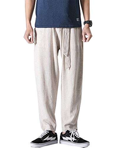 Haremshose für Herren, japanischer Samurai-Stil, Boho, lockere Passform, Leinen Gr. L (Etikette : XXL), beige von Siehin