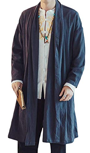 Herren Frühling-Sommer Casual Weinlese Baumwollleinen Mantel Poncho Kap Mantel Wolljacke (2XL (Label:4XL), Blau) von Siehin