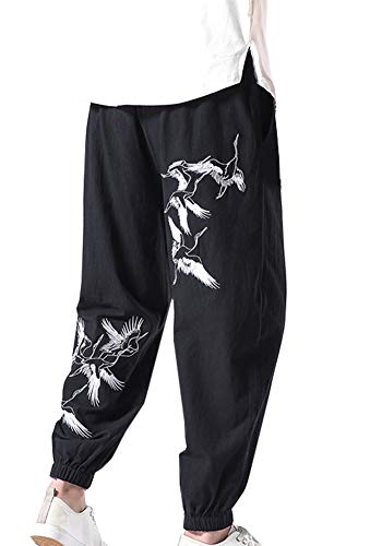 Herren Retro Elastisch Taille Chinese Style Stickhose Baggy Leinenhose Haremshose Freizeithose (Schwarz, EU XL =Asia 3XL) von Siehin