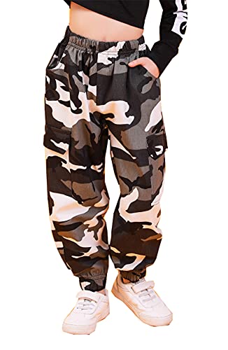 Kinder Cargo Hose Elastische Taille Camouflage Jogginghose für Mädchen Street Hip Hop (Grau, 130-135) von Siehin