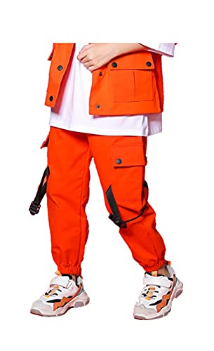 Kinder Cargohose Elastische Taille Jogginghose Outdoor Freizeithosen Cargo Hose für Jungen Mädchen Street Hip Hop (Orange, 150-154) von Siehin