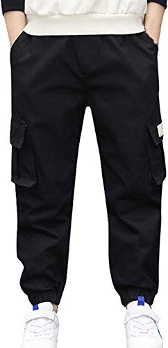 Kinder Jungen Cargo Hose Jogginghose Outdoor Sporthose Freizeithosen Cargohose mit Gummizug (Schwarz, 160-165) von Siehin