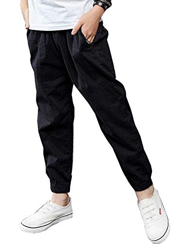 Kinder Jungen Frühling-Sommer Elastischer Bund Leinenhose Stoffhose Freizeithose (120 for Height 110-115cm, Schwarz) von Siehin