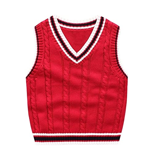 Kinder Jungen V-Ausschnitt Strickweste Pullunder Weste Student Ärmellos Strickpullover (Rot, 122) von Siehin