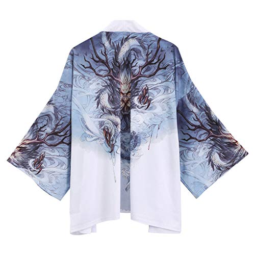 Siehin Damen Frühling-Sommer Drache-Druck Kimono Cardigan Japan Happi Kimono Jacke Yukata Coat Ukiyoe Baggy Tops (XL (Tag 2XL), Weiß 1) von Siehin