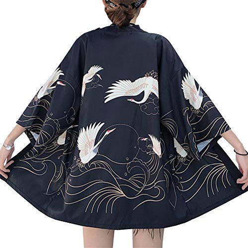 Siehin Damen Frühling-Sommer Japan Happi Kimono Strickjacke Nachtwäsche Bademantel Yukata Ukiyoe Baggy Tops Einheitsgröße (Schwarz) von Siehin