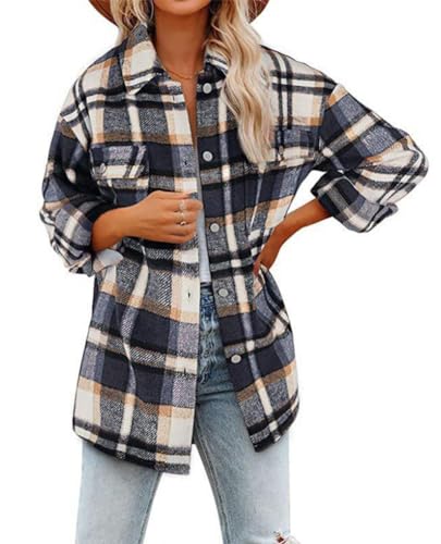 Siehin Damen Hemdjacke Herbst Winter Kariertes Flanellhemd Jacke Langarm Button-Down Bluse Shacket Mantel von Siehin