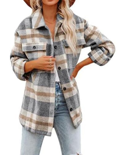 Siehin Damen Hemdjacke Herbst Winter Kariertes Flanellhemd Jacke Langarm Button-Down Bluse Shacket Mantel von Siehin