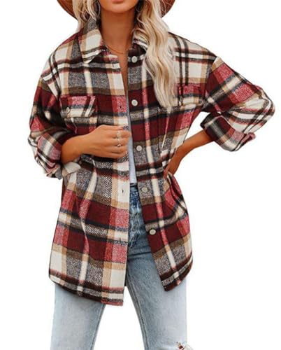Siehin Damen Hemdjacke Herbst Winter Kariertes Flanellhemd Jacke Langarm Button-Down Bluse Shacket Mantel von Siehin