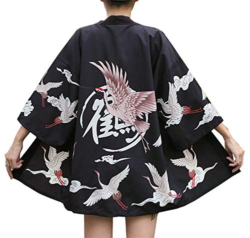 Siehin Damen Kimono Cardigan Japan Happi Kimono Frühling-Sommer Nachtwäsche Bathrobe Jacke Yukata Coat Ukiyoe Baggy Tops (Schwarz) von Siehin