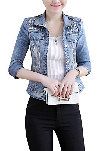 Siehin Damen Mädchen Jeansjacke Beiläufig Jeans Denim Jacket Oberbekleidung Coats Mantel mit Perle und Pailletten (L) von Siehin