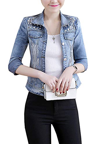 Siehin Damen Mädchen Jeansjacke Beiläufig Jeans Denim Jacket Oberbekleidung Coats Mantel mit Perle und Pailletten (XS) von Siehin