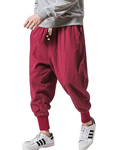 Siehin Herren Baggy Haremshosen Freizeithose Viele Taschen Weite Leinenhose Jogging Hose (L (Label:2XL), Rot) von Siehin