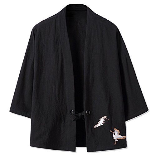 Siehin Herren Baumwolle Leinen Haori V-Kragen Kimono-Jacke (EU M =AISA XL, Schwarz) von Siehin