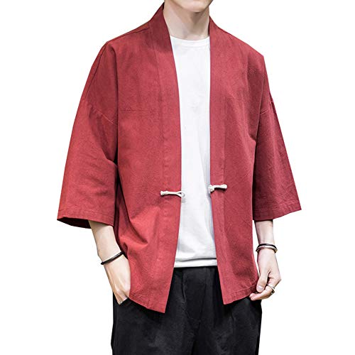 Siehin Herren Baumwollleinen Mäntel Japan Happi Kimono Haori Jacke Frühling-Sommer Übergangsjacke Strickjacke (Rot, 2XL) von Siehin