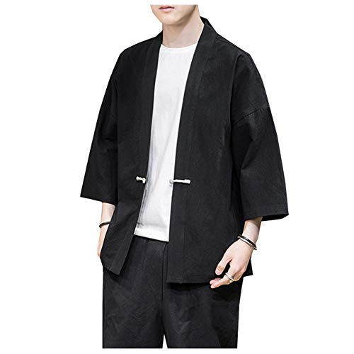 Siehin Herren Baumwollleinen Mäntel Japan Happi Kimono Haori Jacke Frühling-Sommer Übergangsjacke Strickjacke (Schwarz, L) von Siehin