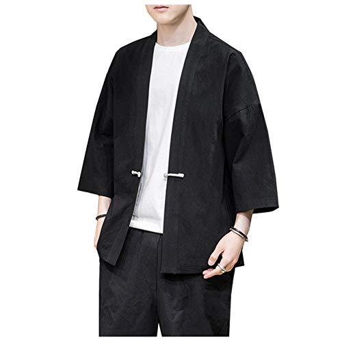 Siehin Herren Baumwollleinen Mäntel Japan Happi Kimono Haori Jacke Frühling-Sommer Übergangsjacke Strickjacke (Schwarz, S) von Siehin