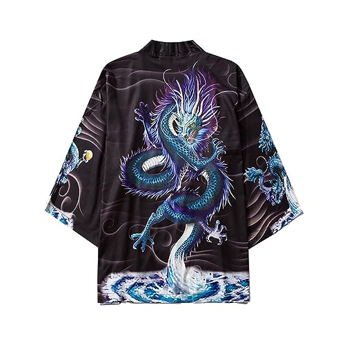 Siehin Herren Drache-Druck Frühling-Sommer Kimono Strickjacke Japan Happi Ukiyoe Mäntel Yukata Baggy Top (Schwarz, L/Tag 2XL) von Siehin