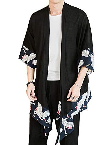 Siehin Herren Frühling-Sommer Casual Japan Happi Kimono Haori Jacke Übergangsjacke Mäntel Baumwollleinen Poncho Kap Mantel Wolljacke (L (Label 2XL), Schwarz) von Siehin