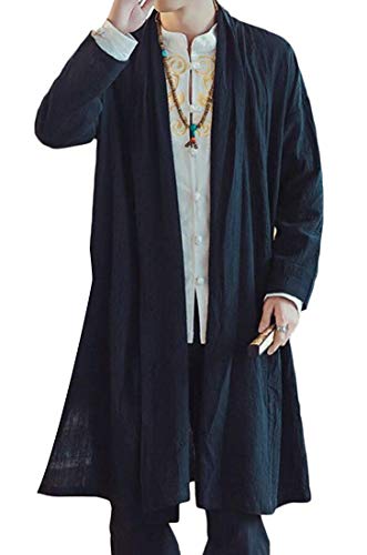 Siehin Herren Frühling-Sommer Casual Weinlese Baumwollleinen Mantel Poncho Kap Mantel Wolljacke (2XL (Label:4XL), Schwarz) von Siehin