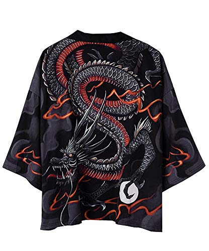 Siehin Herren Frühling-Sommer Drache-Druck Japan Kimono Cardigan Ukiyoe Baggy Jacke Yukata Coat Tops (L) von Siehin