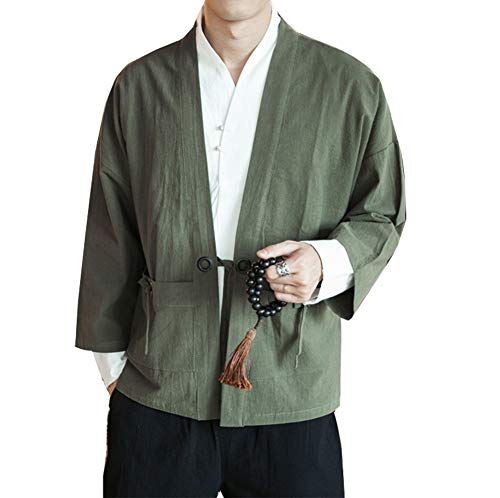 Siehin Herren Frühling-Sommer Japan Happi Kimono Haori Jacke Übergangsjacke Baumwollleinen Mäntel (XL (Label:4XL), Grün) von Siehin