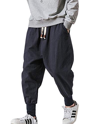 Siehin Herren Haremshose Baumwolle Leinen Kordelzug Elastische Taille Haremshose Lose Yoga Jogger Hose Casual Knöchellänge Hose Gr. L (Etikette : XXL), blau von Siehin