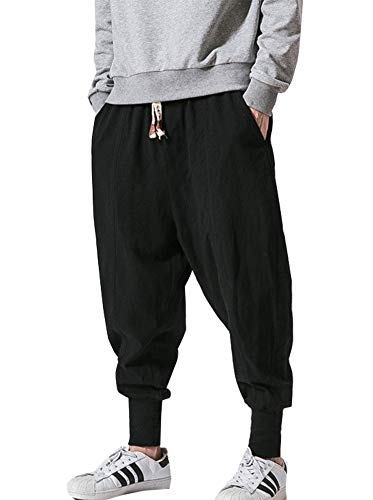 Siehin Herren Haremshose Baumwolle Leinen Kordelzug Elastische Taille Haremshose Lose Yoga Jogger Hose Casual Knöchellänge Hose Gr. XL (Etikette : 3XL), Schwarz von Siehin