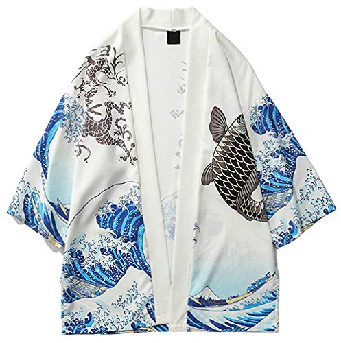 Siehin Herren Japan Happi Kimono Haori Cardigan Frühling-Sommer Jacke (L (Label:2XL), Weiß) von Siehin