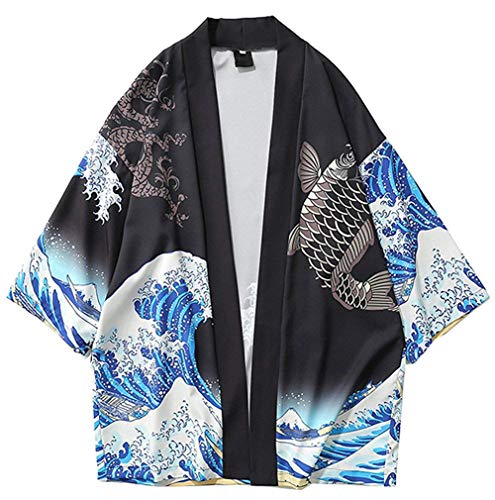 Siehin Herren Japan Happi Kimono Haori Cardigan Frühling-Sommer Jacke (M (Label:XL), Schwarz) von Siehin