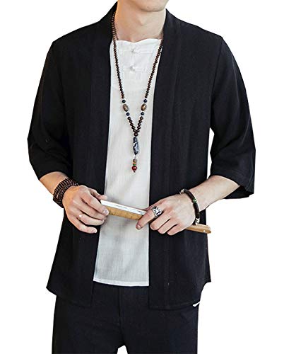 Siehin Herren Japan Happi Kimono Haori Jacke Übergangsjacke Sommerjacke Leinen Freizeitjacke Tops Mäntel (Schwarz, XS/Tag M) von Siehin