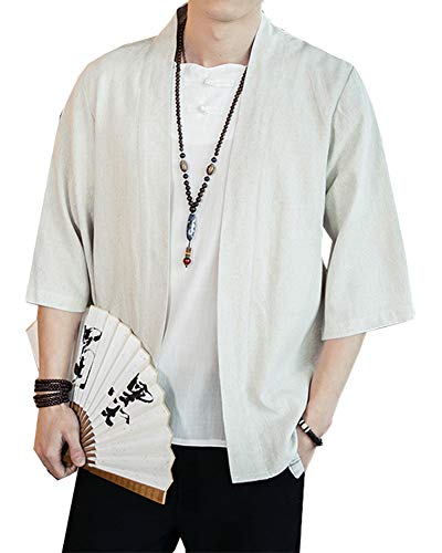 Siehin Herren Japan Happi Kimono Haori Jacke Übergangsjacke Sommerjacke Leinen Freizeitjacke Tops Mäntel (Weiß, M-L/Tag 2XL) von Siehin