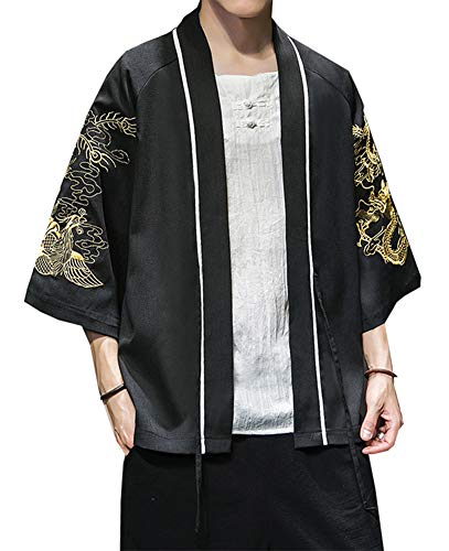 Siehin Herren Japan Happi Kimono Haori Jacke Übergangsjacke Sommerjacke Leinen Mäntel Strickjacke (Schwarz, M/Tag XL) von Siehin