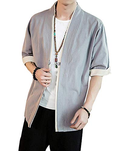 Siehin Herren Leinen Japan Happi Kimono Haori Jacke Übergangsjacke (L (Label:2XL), Grau) von Siehin