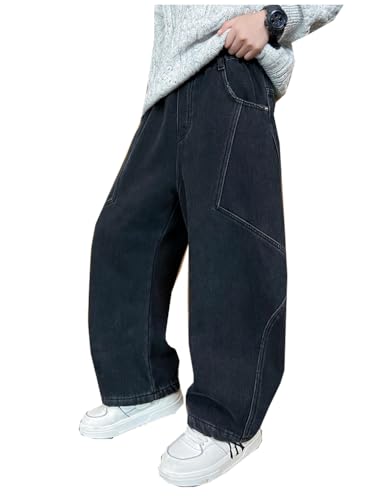Siehin Jungen Vintage Straight Jeans Elastischem Bund Regular Denimhose Kinder Weitem Bein Jeanshose Streetwear von Siehin